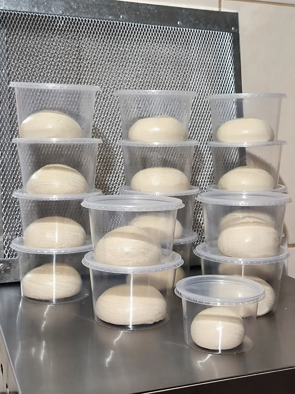 Bolas de massa da Fornace em recipientes individuais durante a fermentação